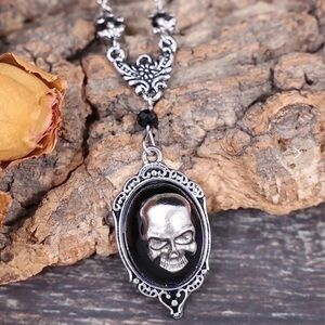 Gothic Skull Pendant Necklace - Black and Silver